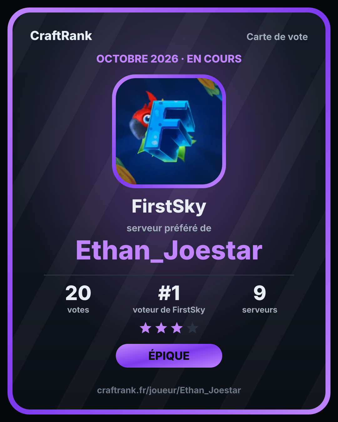 Carte de vote octobre 2026 de Ethan_Joestar : 20 votes, serveur préféré FirstSky